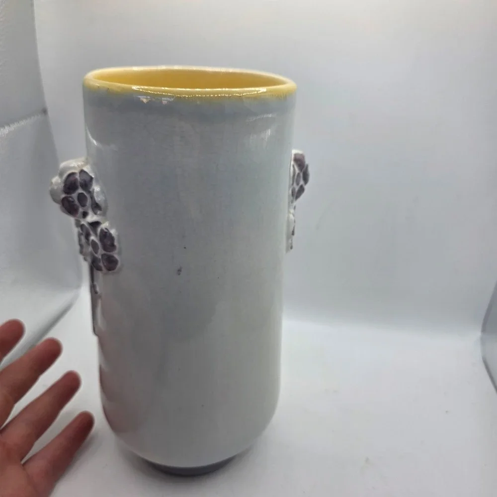 Large Vintage Art Pottery Vase Gray Crackle Glaze Purple Raised Flowers MCM